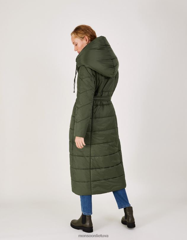Monsoon Lorena paminkštintas diržas maksi paltas moterys žalias apranga DPXBJ384