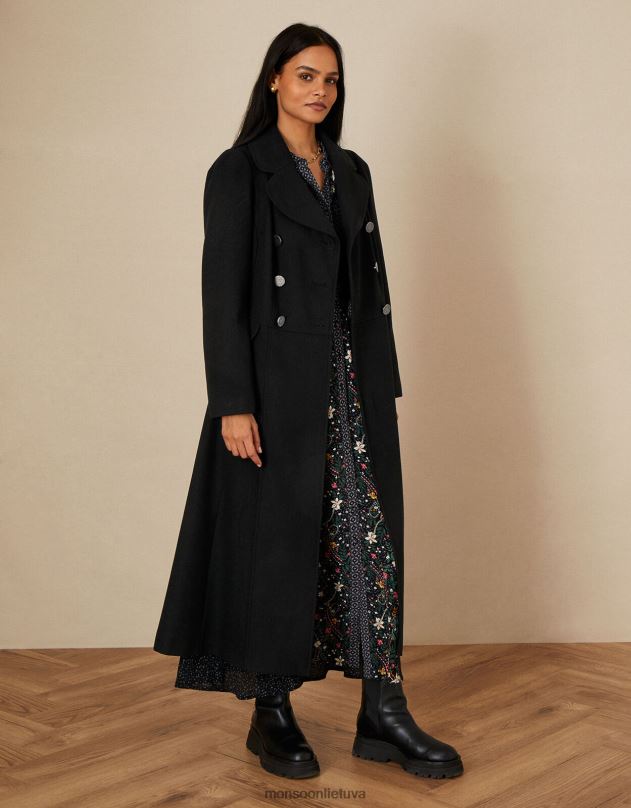 Monsoon Samantha sijonuotas paltas moterys juodas apranga DPXBJ446