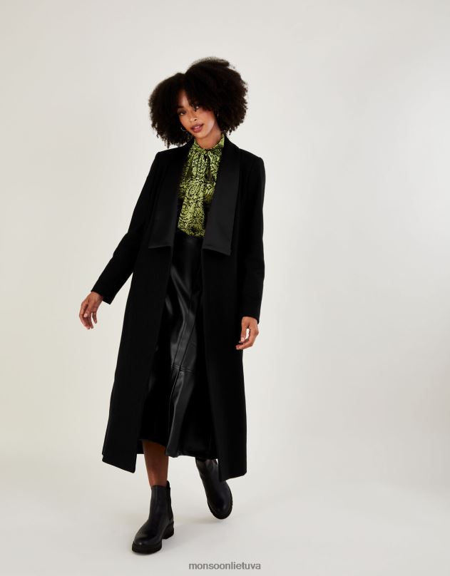 Monsoon Tallulah vilnos turtingas ilgas smokingo paltas moterys juodas apranga DPXBJ431