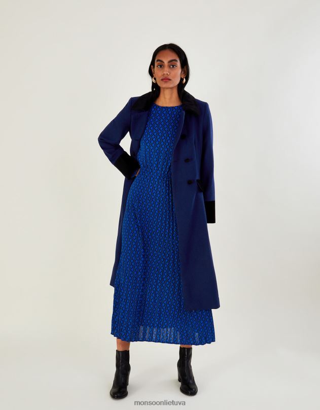 Monsoon aksomo apdailos paltas su sijonu moterys mėlyna apranga DPXBJ519