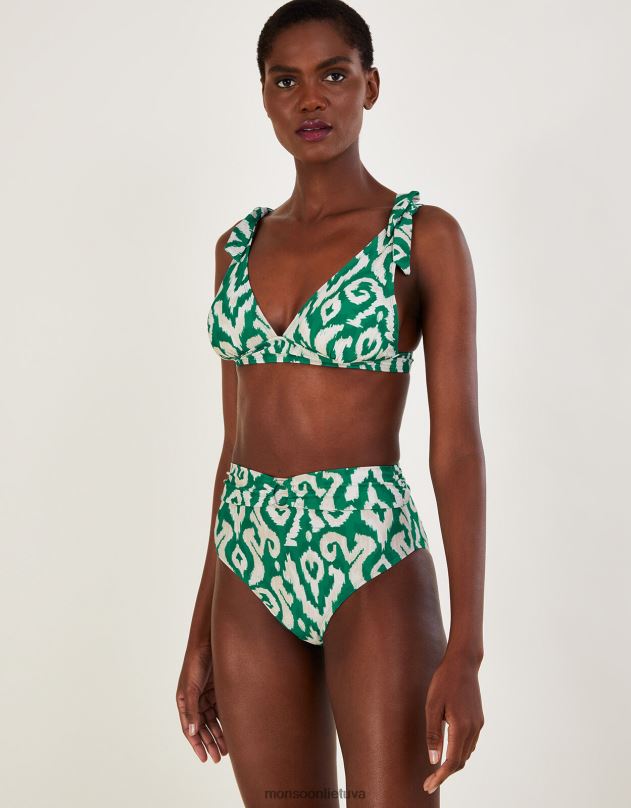 Monsoon ikat print bikinio kelnaitės aukštu juosmeniu su perdirbtu poliesteriu moterys žalias apranga DPXBJ443