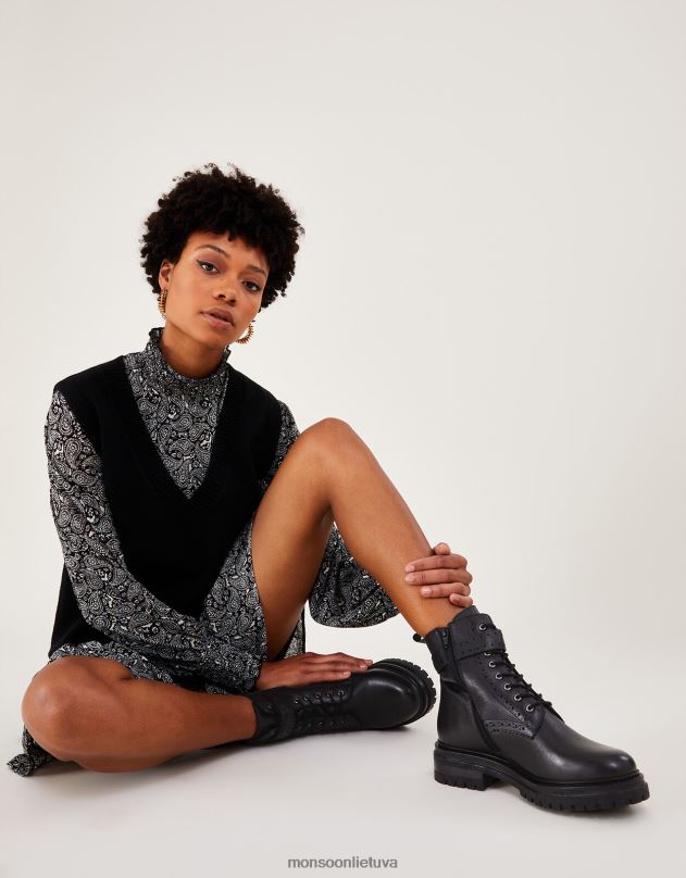 Monsoon brogue odiniai stomper batai moterys juodas avalynė DPXBJ427