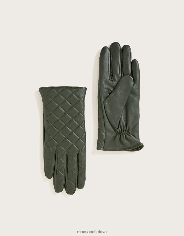 Monsoon dygsniuotos odinės pirštinės moterys žalias priedas DPXBJ1445