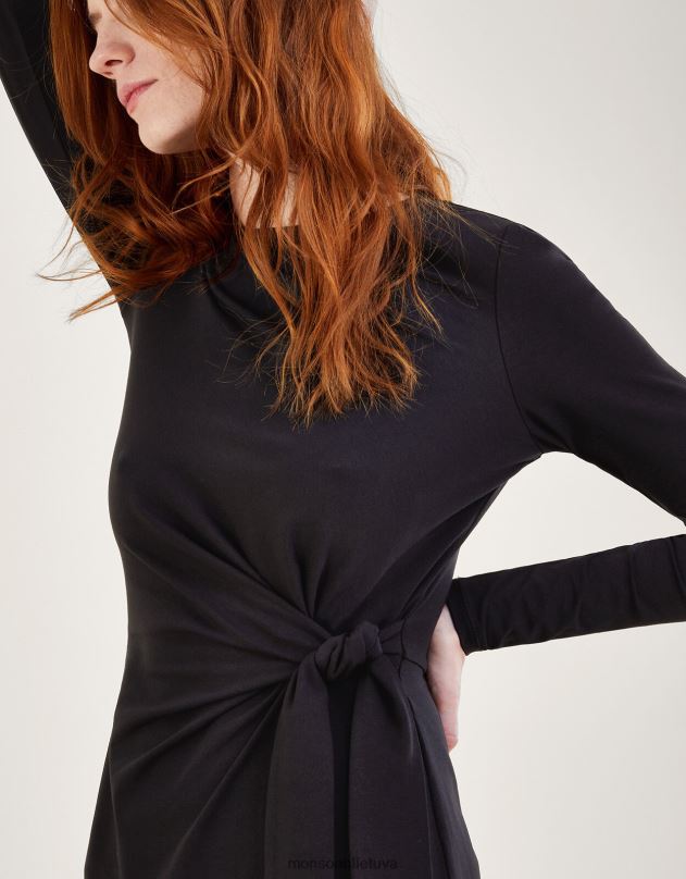 Monsoon Ilgomis rankovėmis šoninis mazgas midi džersio suknelė moterys juodas apranga DPXBJ915