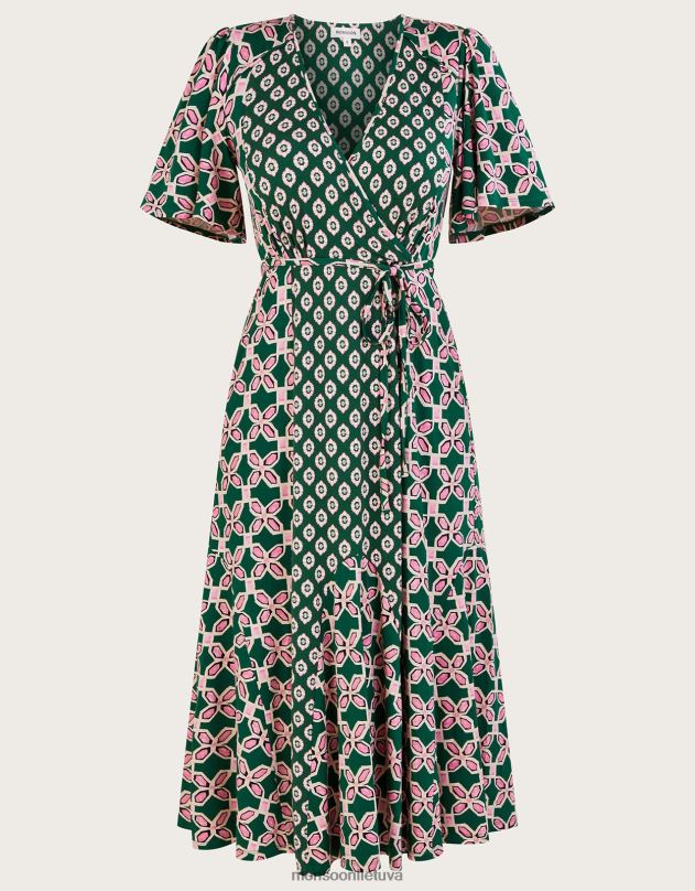 Monsoon Kontrastingo geometrinio rašto įvyniojama midi suknelė moterys žalia (chaki) apranga DPXBJ907