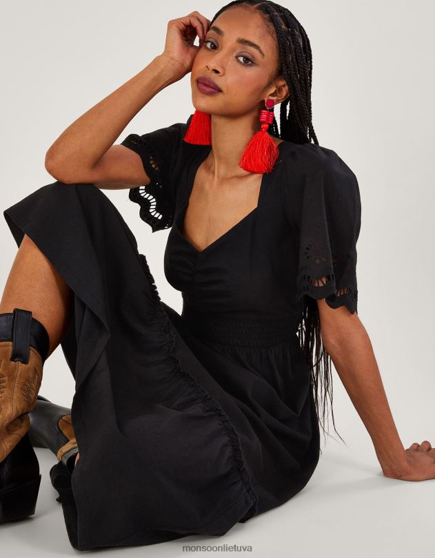 Monsoon broderie apdailos midi suknelė moterys juodas apranga DPXBJ957