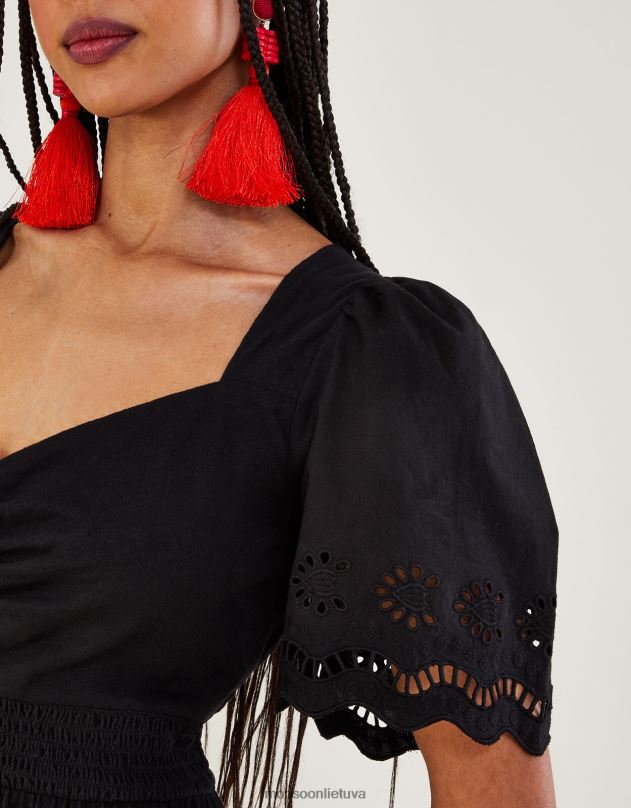 Monsoon broderie apdailos midi suknelė moterys juodas apranga DPXBJ957