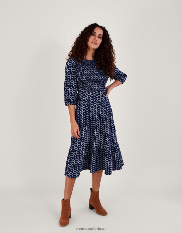 Monsoon geometrinio rašto pakopinė shirred džersio suknelė moterys mėlyna (navy) apranga DPXBJ843