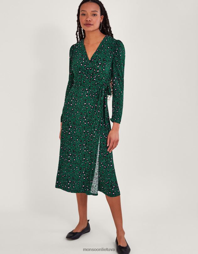 Monsoon spausdinta įvyniojama suknelė moterys žalias apranga DPXBJ121