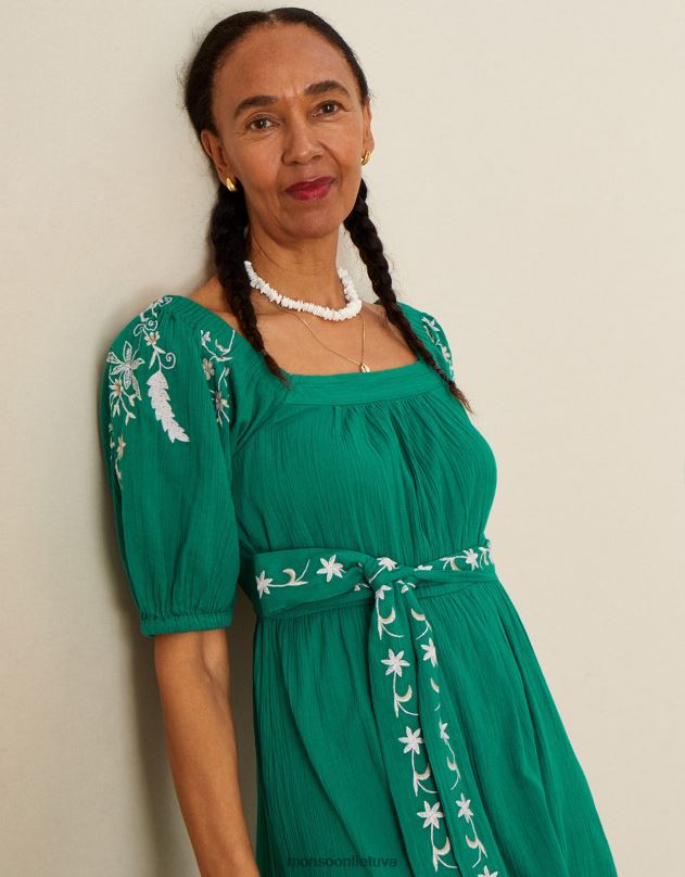 Monsoon Dvipusė suknelė kvadratiniu kaklu, išsiuvinėta moterys žalias apranga DPXBJ860
