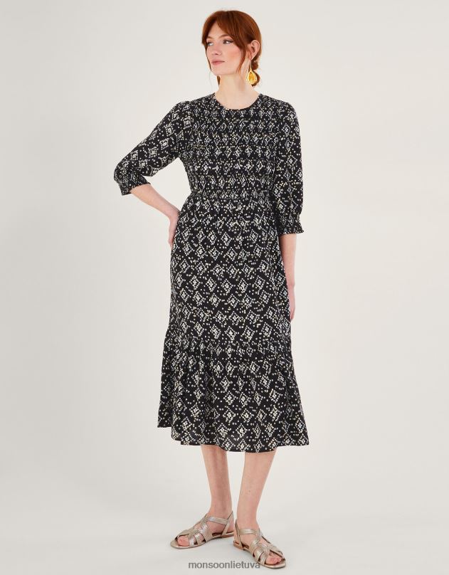 Monsoon Geometrinio rašto 3/4 rankovių suknele su lenzing ecovero moterys juodas apranga DPXBJ1046