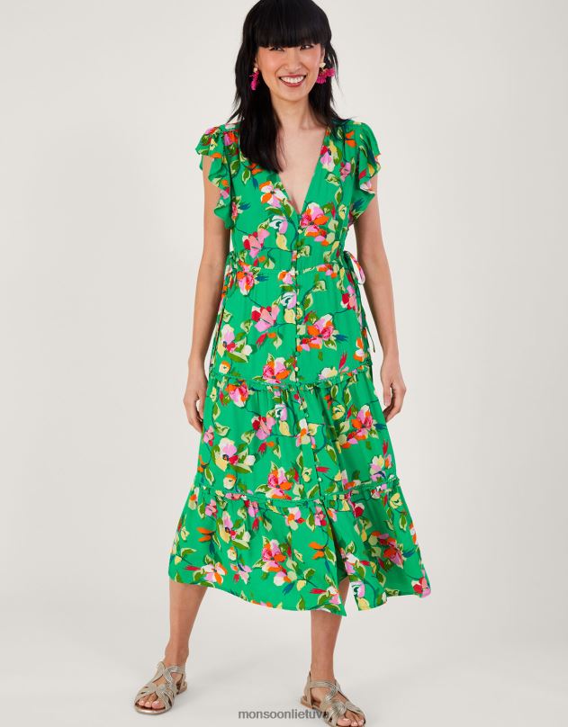 Monsoon Lilou gėlių arbatos suknelė iš tvarios viskozės moterys žalias apranga DPXBJ280