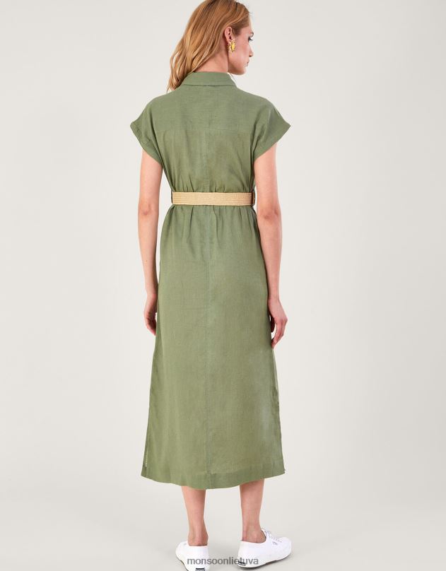 Monsoon Midi suknelė su dirželiu iš lino mišinio moterys žalia (chaki) apranga DPXBJ269
