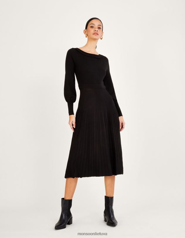 Monsoon Midi suknelė su raukšlėtu kaklu su raukšlėmis su lenzing ecovero moterys juodas apranga DPXBJ604