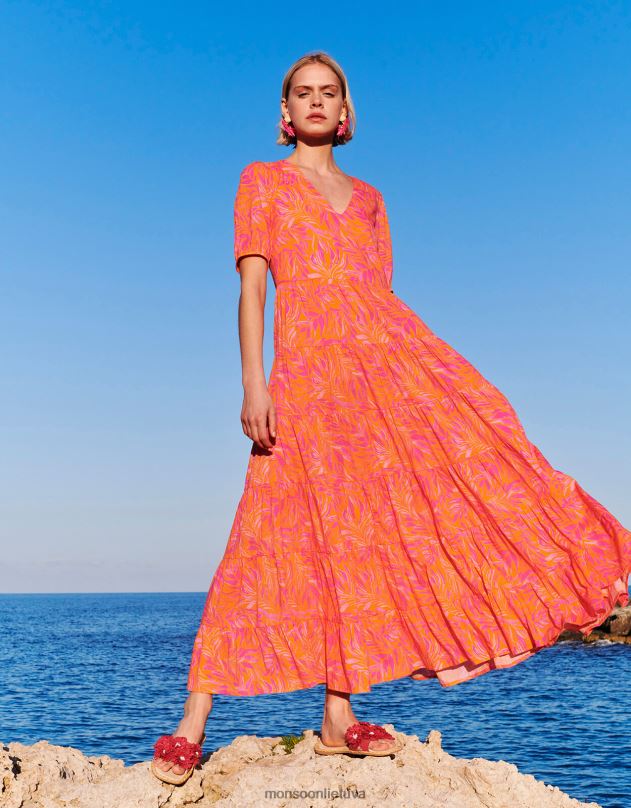 Monsoon Pakopinė lapų rašto maksi suknelė moterys oranžinė apranga DPXBJ248
