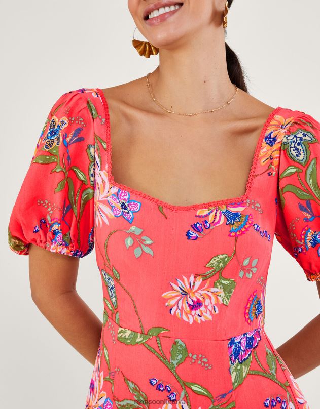 Monsoon Regina gėlių rašto arbatos suknelė su tvaria viskoze moterys apelsinas (koralas) apranga DPXBJ377