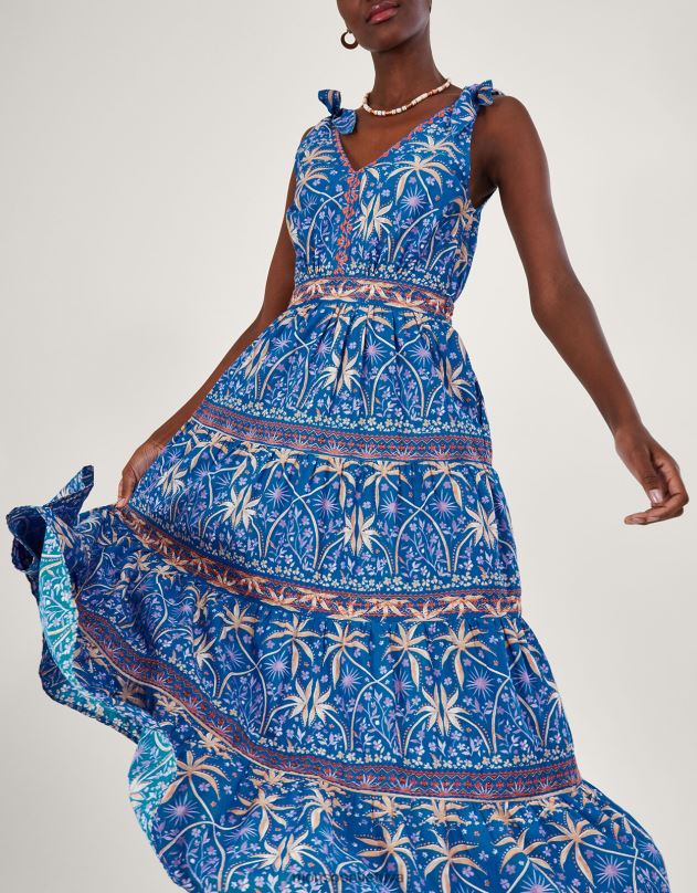 Monsoon delnų rašto midi suknelė moterys mėlyna apranga DPXBJ851