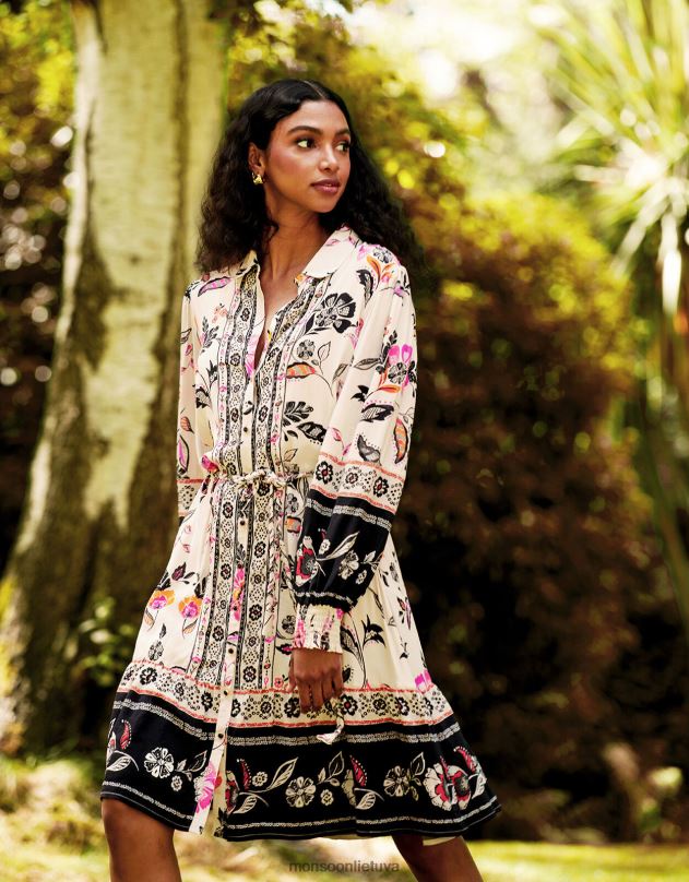 Monsoon gėlėta marškinių suknelė moterys dramblio kaulo apranga DPXBJ140