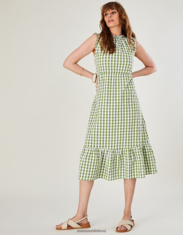 Monsoon gingham print pakopinė suknelė moterys žalias apranga DPXBJ842