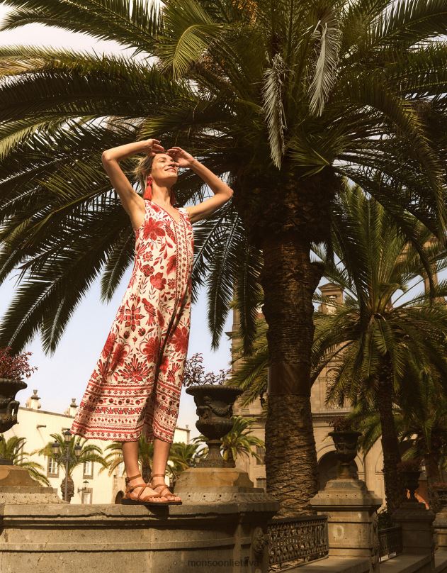 Monsoon marginta midi suknelė iš lino mišinio moterys raudona apranga DPXBJ759