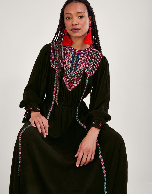 Monsoon neonine siuvinėta maxi suknele moterys juodas apranga DPXBJ10