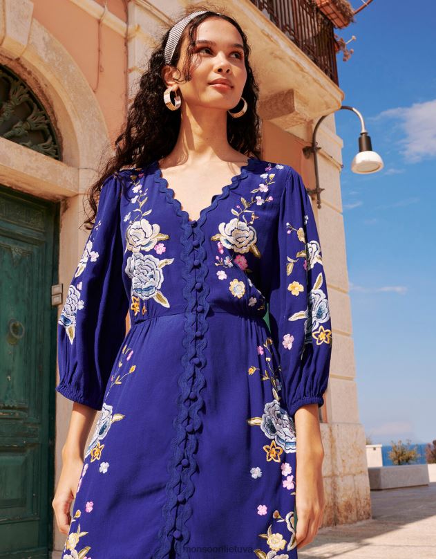 Monsoon olla gėlėmis siuvinėta arbatos suknelė iš tvarios viskozės moterys mėlyna apranga DPXBJ332