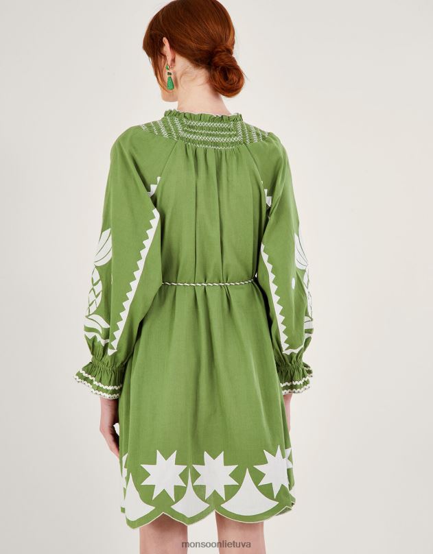 Monsoon siuvinėta ananasų aplikacijos suknelė iš lino mišinio moterys žalias apranga DPXBJ809