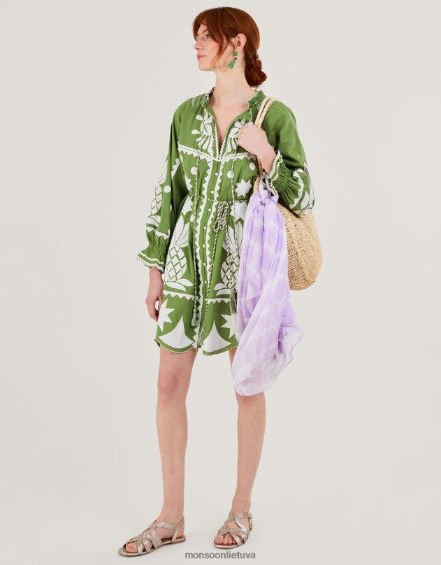 Monsoon siuvinėta ananasų aplikacijos suknelė iš lino mišinio moterys žalias apranga DPXBJ809