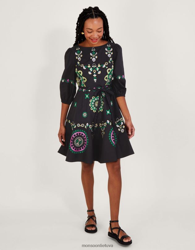 Monsoon siuvinėta daugiasluoksnė suknelė moterys juodas apranga DPXBJ1084