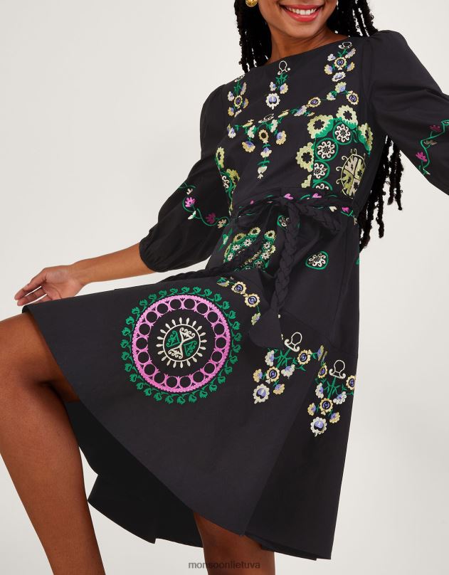 Monsoon siuvinėta daugiasluoksnė suknelė moterys juodas apranga DPXBJ1084