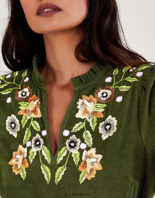 Monsoon siuvinėta gėlėtomis virvelėmis suknelė moterys žalias apranga DPXBJ35