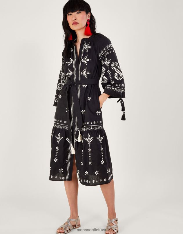 Monsoon siuvinėta midi tunika suknelė moterys juodas apranga DPXBJ973