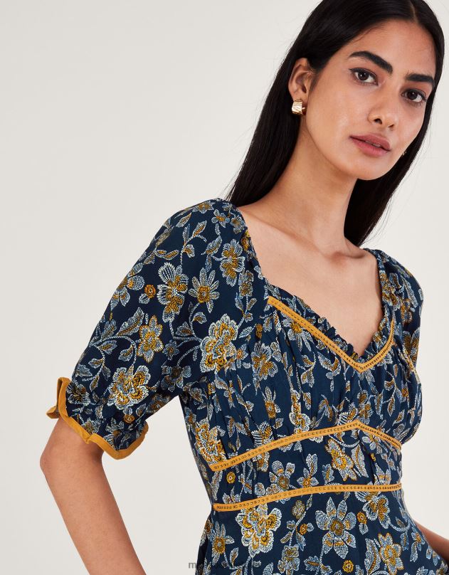 Monsoon taškuota gėlių suknelė moterys mėlyna (navy) apranga DPXBJ126