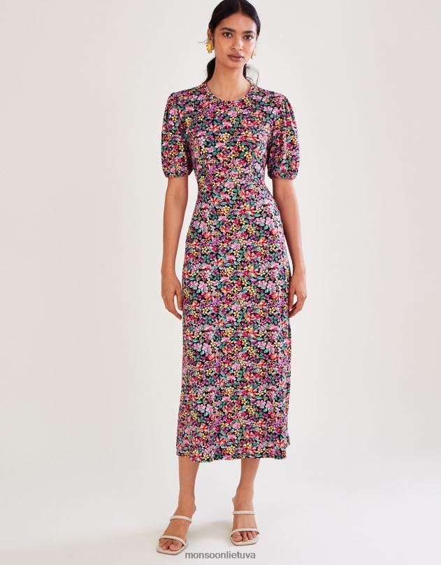 Monsoon Vintažinė gėlėta džersio suknelė moterys juodas apranga DPXBJ2802