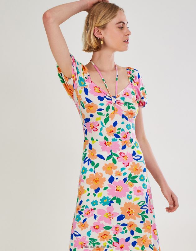 Monsoon gėlėta pūstomis rankovėmis trikotažinė midi suknelė moterys dramblio kaulo apranga DPXBJ626