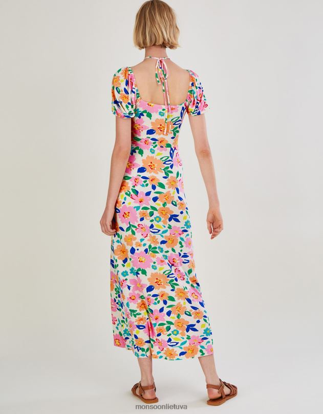 Monsoon gėlėta pūstomis rankovėmis trikotažinė midi suknelė moterys dramblio kaulo apranga DPXBJ626