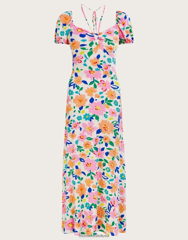 Monsoon gėlėta pūstomis rankovėmis trikotažinė midi suknelė moterys dramblio kaulo apranga DPXBJ626