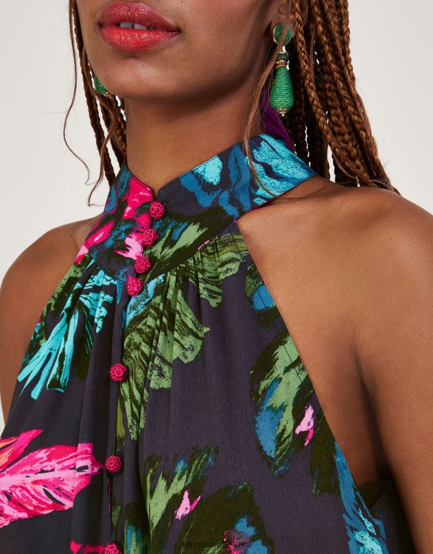 Monsoon Bria delno raštų apynasrinė suknelė iš tvarios viskozės moterys mėlyna (vidurnaktis) apranga DPXBJ337