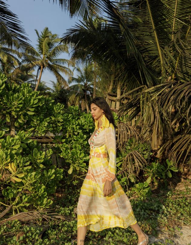 Monsoon aukščiausios kokybės kaklaraiščių dažų maxi kaftan suknelė moterys geltona apranga DPXBJ886