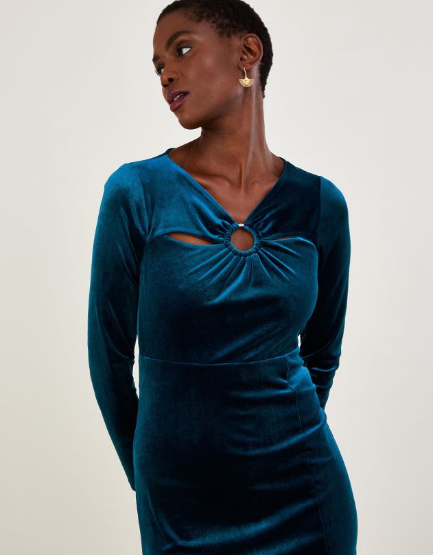 Monsoon cece aksominė pamaininė suknelė su perdirbtu poliesteriu moterys žalsvai mėlyna apranga DPXBJ615