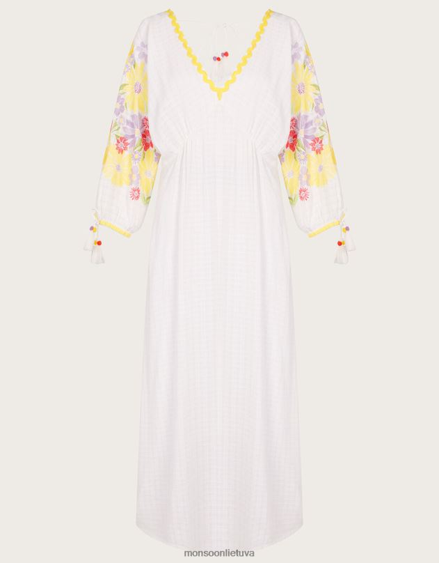 Monsoon gėlėmis siuvinėta midi kaftan suknelė moterys baltas apranga DPXBJ340