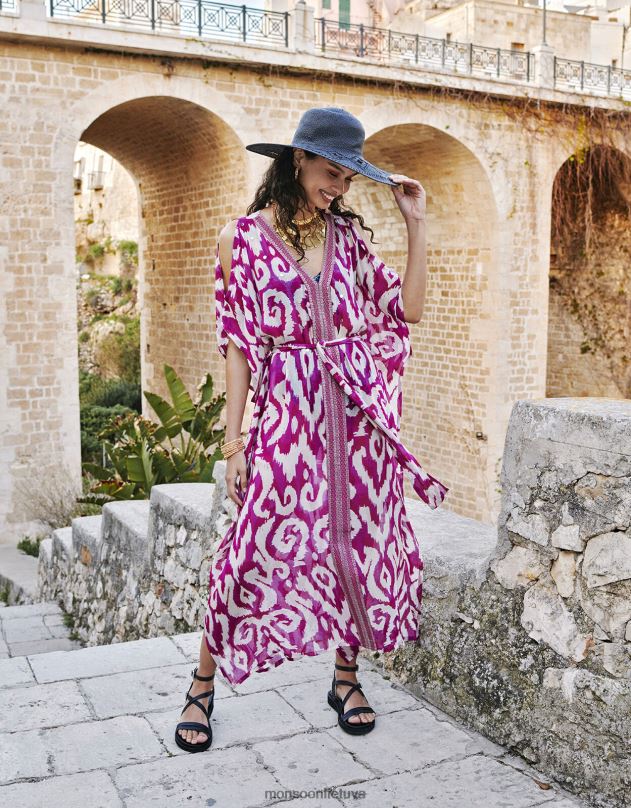 Monsoon ikat print maxi kaftan moterys violetinė apranga DPXBJ346