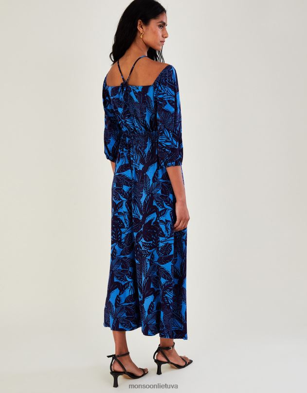 Monsoon Bardot lapų rašto trikotažinė maxi suknelė moterys mėlyna apranga DPXBJ943
