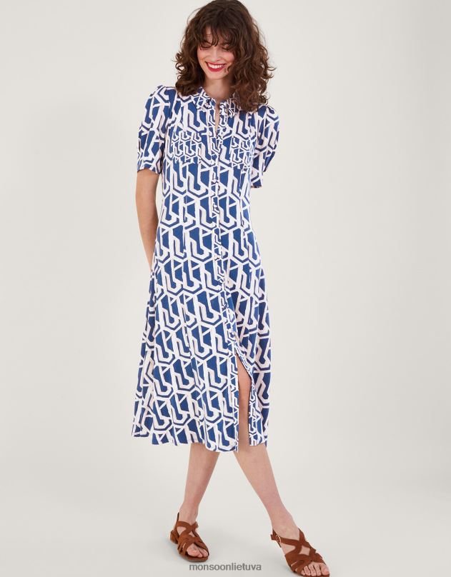 Monsoon Rizzoli geometrinio rašto marškinių suknelė moterys mėlyna (kobalto) apranga DPXBJ223