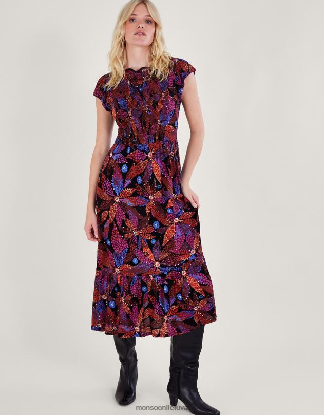 Monsoon shirred gėlėta suknelė lenzing ecovero moterys juodas apranga DPXBJ233