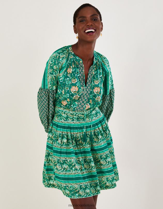 Monsoon Gėlių raštu pakopinė trumpa suknelė lenzing ecovero moterys žalias apranga DPXBJ753