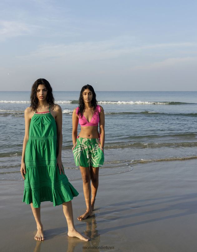 Monsoon Paprasta, nėriniais puošta midi suknelė iš tvarios medvilnės moterys žalias apranga DPXBJ516