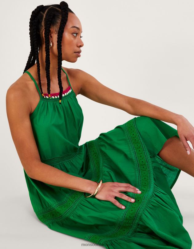 Monsoon Paprasta, nėriniais puošta midi suknelė iš tvarios medvilnės moterys žalias apranga DPXBJ516