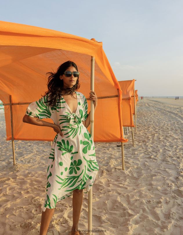 Monsoon abstrakčios delno rašto kaklaraištis priekyje midi suknelė moterys žalias apranga DPXBJ710