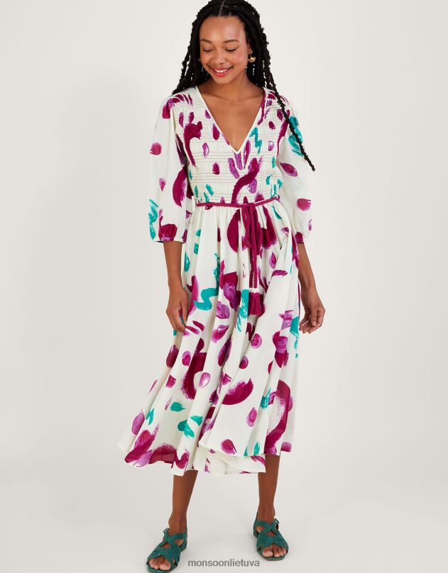 Monsoon abstrakčios teptuko spaudos shirred midi suknelė iš tvarios medvilnės moterys dramblio kaulo apranga DPXBJ824